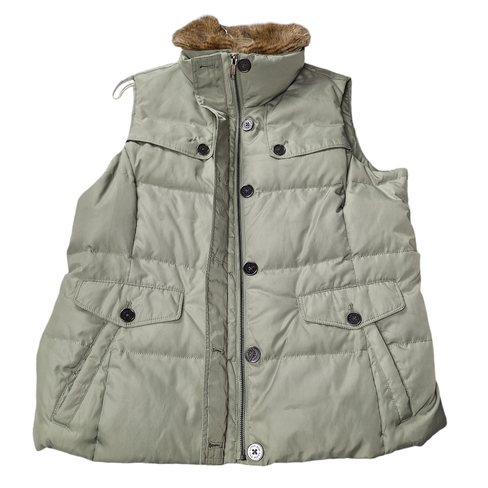 Lands End Faux Fur Trim Full Zip Quilt Down Puffer Vest Pockets